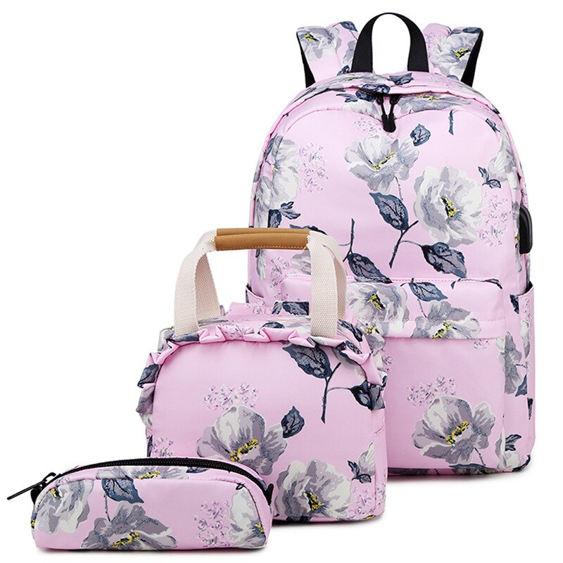 Atinfor merkevare 3 stk / sett vanntette kvinnesett ryggsekk til tenåringetone med matboksposer blomstertrykk laptoptaske: Rosa