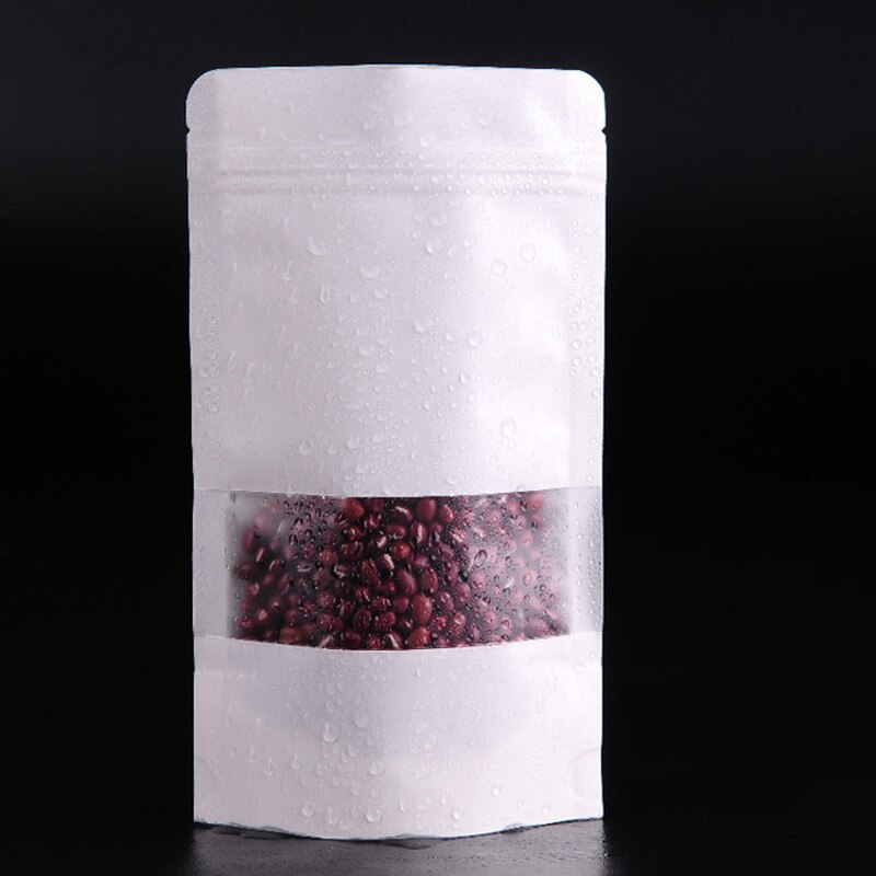 50pcs White Kraft Paper Bag With Window Frosted Zip Lock Food Snack Tea Candy Oil Water Proof Bag Packing Paper Bag