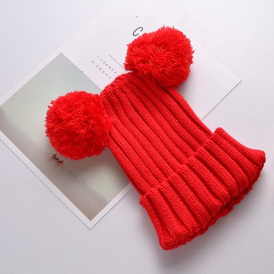 Kinderen meisjes baby muts gebreide wollen tijk muts met omslag herfst en winter warme muts twee ballen: Rood