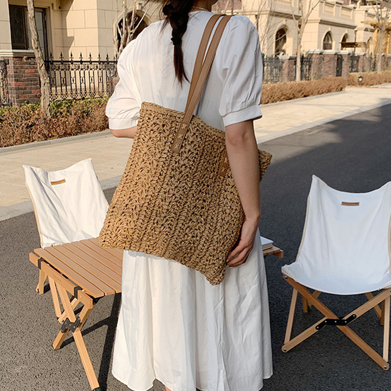 Sac de paille ajouré pour femmes, sac à bandoulière de grande capacité fait à la main en rotin, fourre-tout de voyage tissé plage Shopping,