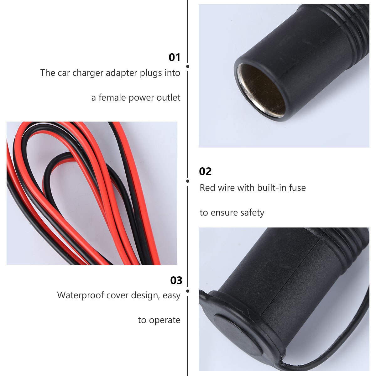 CS-008 Waterproof 12V Car Motorcycle Boat Female Socket Power Plug with 180cm Fuse Connector Wire (Black)