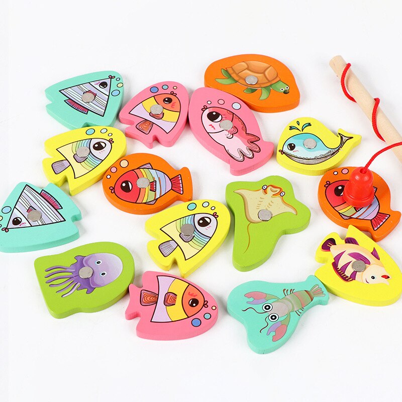 15Pcs Fish Wooden Magnetic Fishing Toy Set Baby Educational Toys Fish Game Educational Fishing Toy with Box