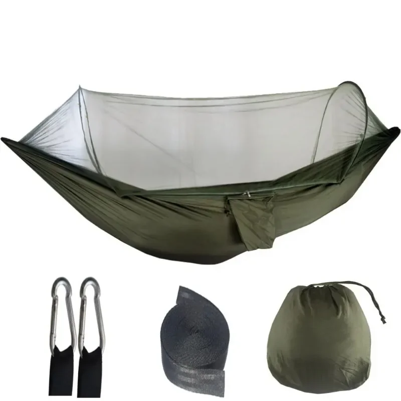 Hamaca para acampar con mosquitera, hamacas portátiles de paracaídas para exteriores, columpio, hamaca para dormir, material para acampar: Verde militar