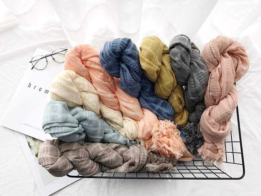 Écharpe d'hiver unisexe japonaise, longue couleur unie en coton et lin, écharpe châle à rayures pour femmes