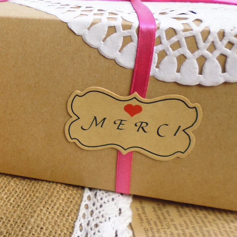80pcs Big Size Merci Kraft Seal Sticker With Heart French Thank You DIY Paper Label Seal Sticker 5.9x3.2cm