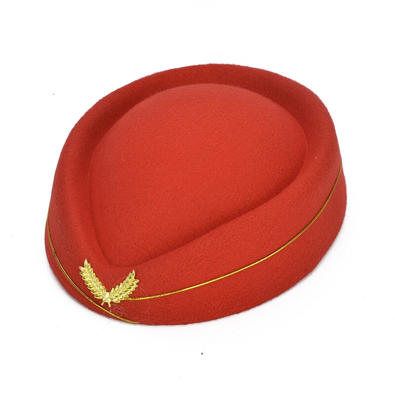 Sombrero de azafata, gorra de equipo de tambor, banda de actuación, boina de lana de cortesía para Hotel, baile, escenario, chica, disfraz de animadora, sombrero de uniforme: Rojo