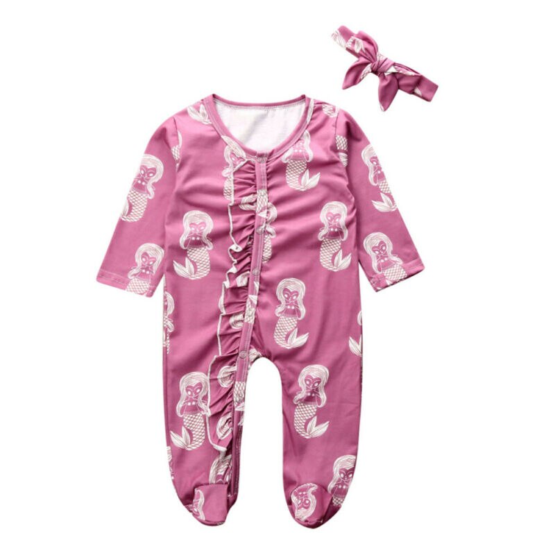 0-18m infantil bebê menina meninos footies roupas floral impressão plissado manga longa macacão + bandana outfit