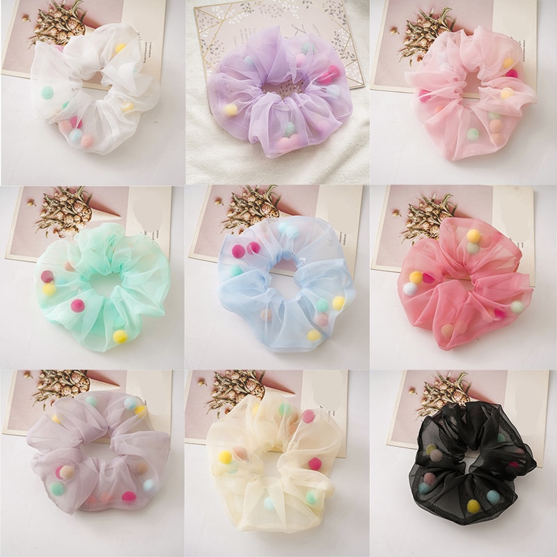 Vrouwen transparante tule kleurrijke haaraccessoires organza met bol net garen mesh scrunchie elastische haarbanden paardenstaarthouder