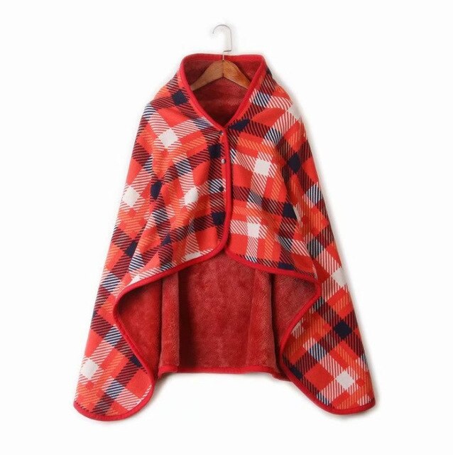 Multifunktionelt, bærbart plaid fleece polyester tæppe med knap vinter varm sofa sofa soveværelse rejse kappe tæppe 135*80cm