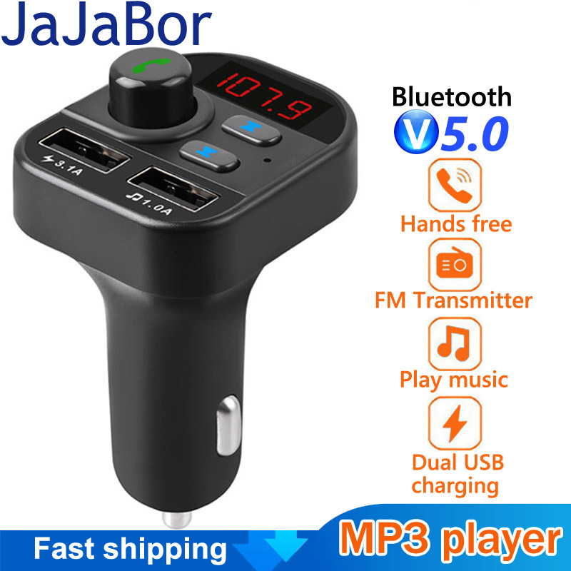 Jajabor Bluetooth Car Kit Draadloze Fm-zender Handsfree Bellen A2DP Muziek 5V 1 A/3.1A Dual usb Car Charger