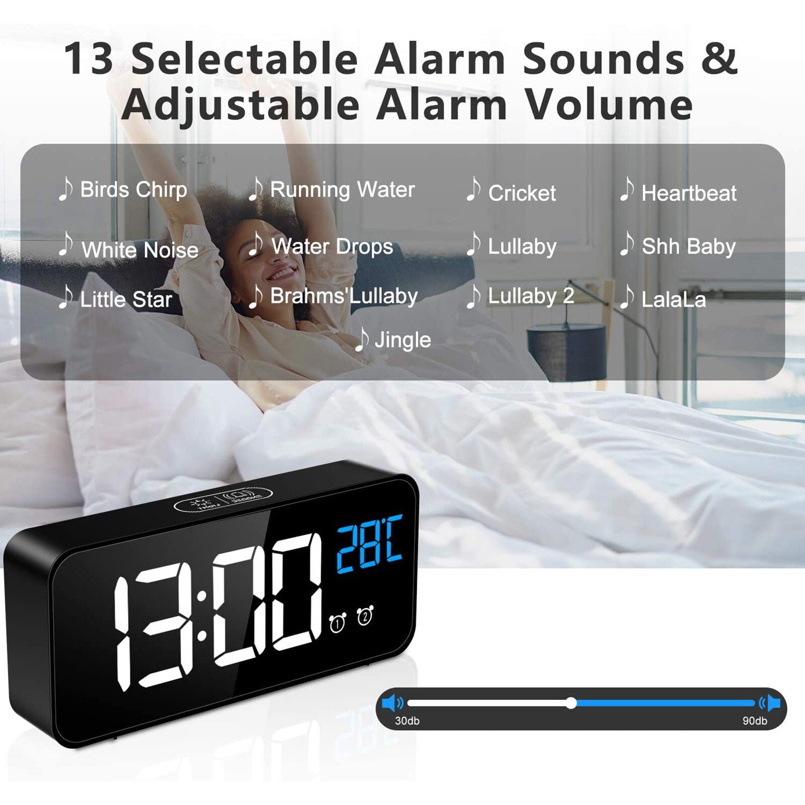 LED Mirror Alarm Clock Sound-Activated Clock Rechargeable Bedside Music Clock Multiple wake-up music#55