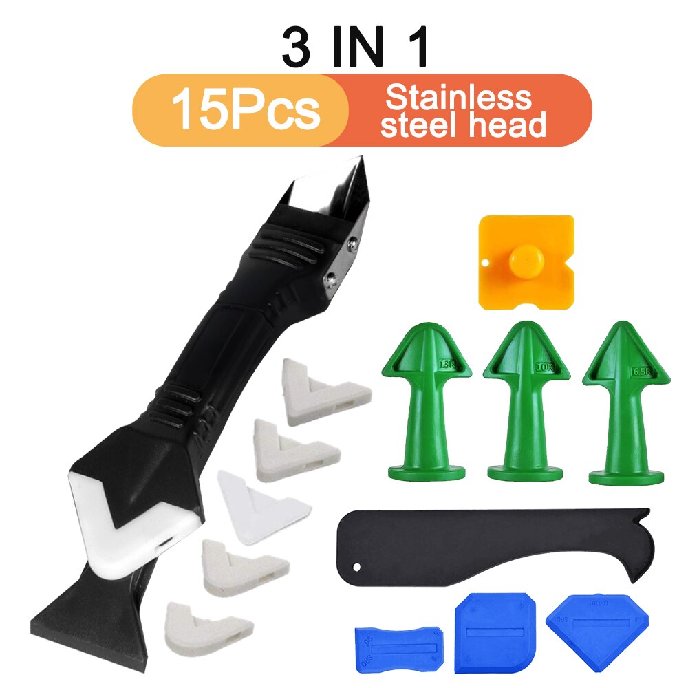 3 In 1 Silicone Sealant Remover Tool Scraper Caulk Mould Smooth Peel Finisher Scraper Grout Removal Useful Hand Tool Kit Set: 15Pcs Stainless Head