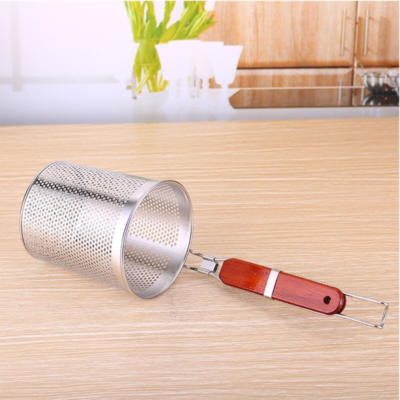 Stainless Steel Mesh Spider Strainer for Pasta Fine Sieve Mesh Strainer with Comfortable Wooden Handle Durable D08 21