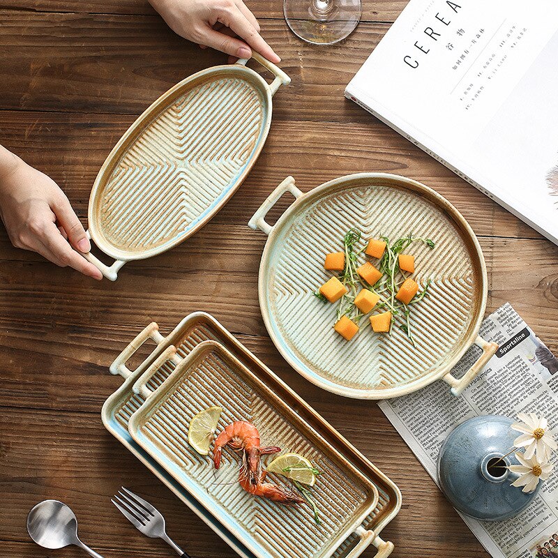 Nordic Keramische Voedsel Schotel Plaat Huishoudelijke Aardewerk Onregelmatige Schotel Salade Schotel Servies Binaural Vierkante Steak Plaat Hotel Vis