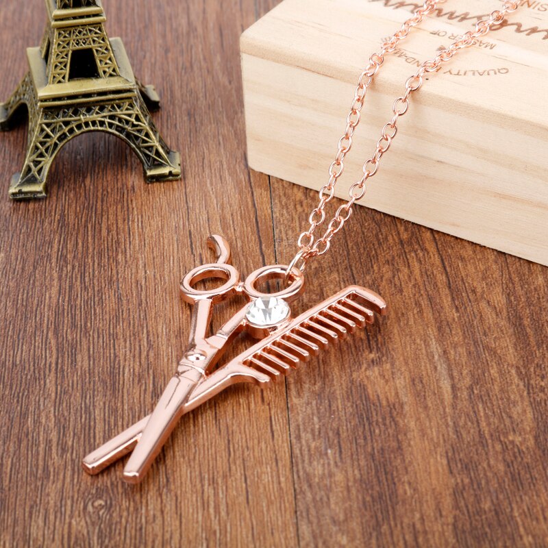 dongsheng Combs Scissors Pendant Rose Gold Scissors jewelry Cosmetologist hair Dresser Rhinestone Necklace Hairdresser