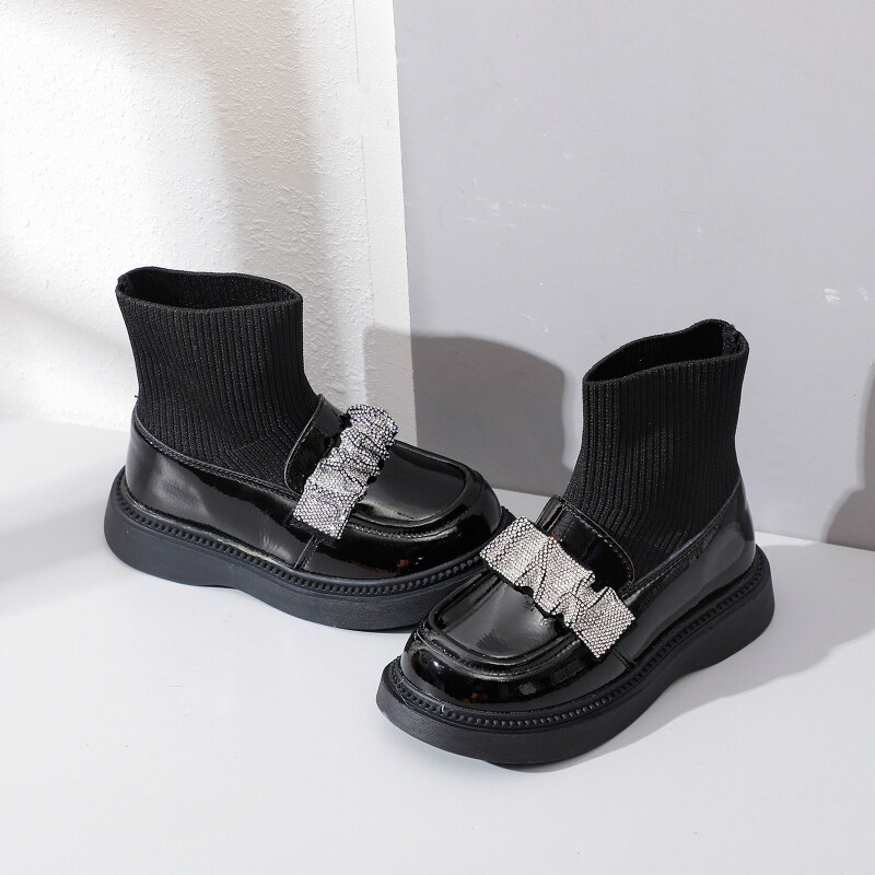 Bottes Chelsea courtes noires pour filles, chaussures de à semelle souple et épaisse, avec strass, à la , automne