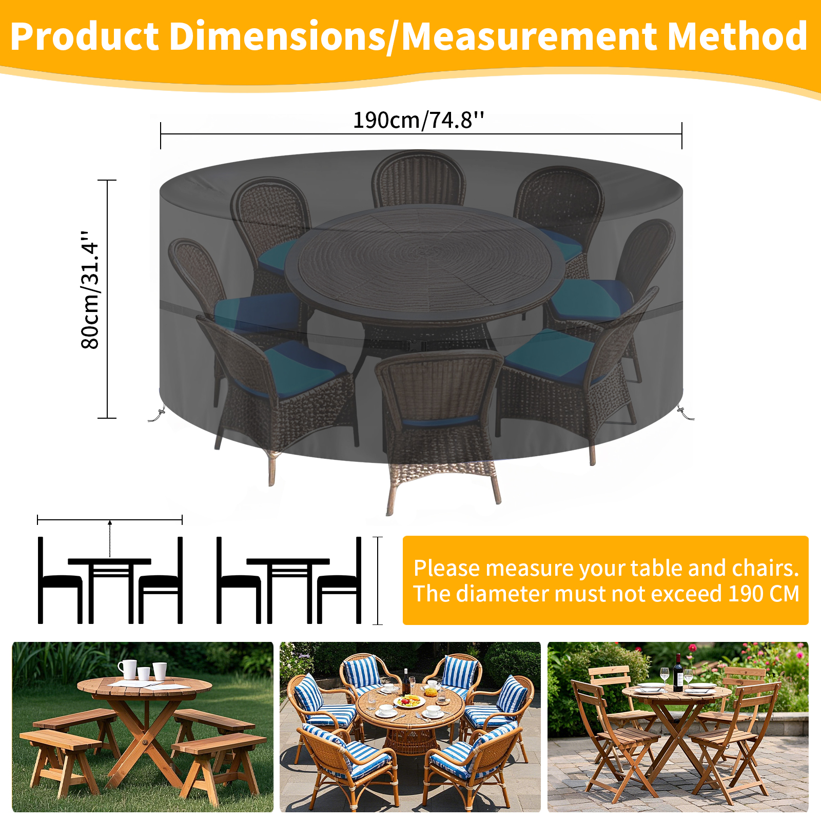 130-230cm couverture de meubles ronde extérieure 210D imperméable résistant aux intempéries Anti-UV résistant aux déchirures Oxford tissu Table chaises couvre: Gris clair