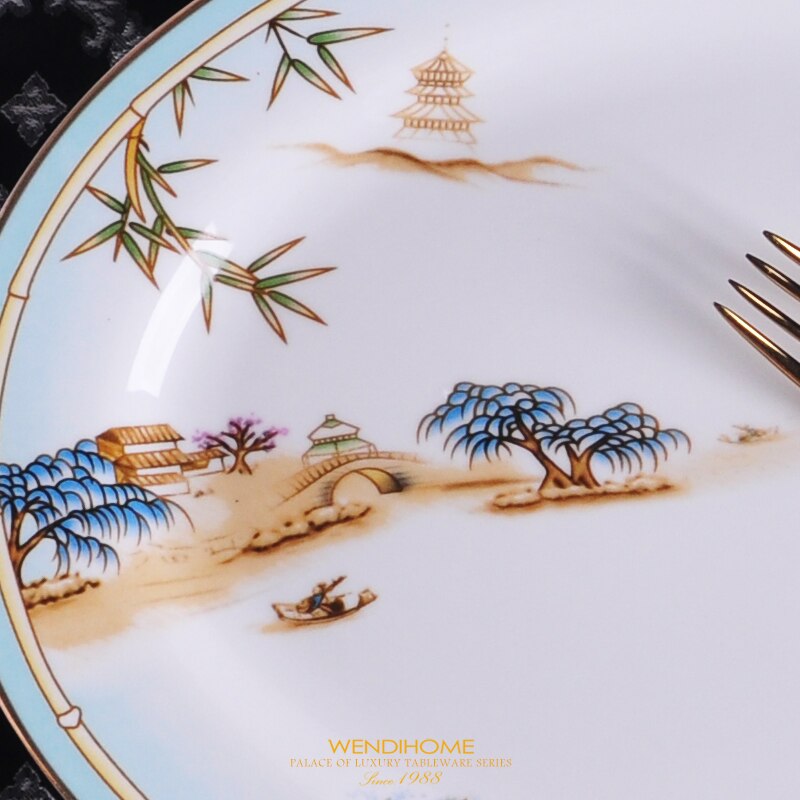 Chinese Style Porcelain Dinner Plates High-end West Lake Hotel Tableware Cutlery Set Decorative Flat Steak Plate