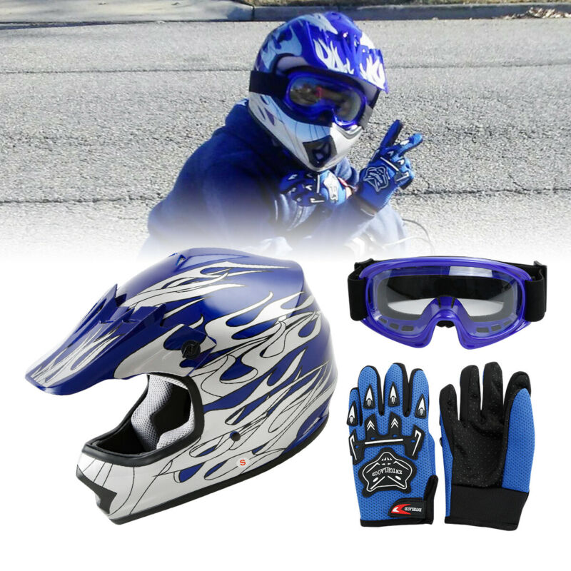 Jeugd Kids Dot Blauwe Vlam Dirt Bike Atv Motocross Off-Road Helm W/ Goggles Handschoenen S/M/L/Xl