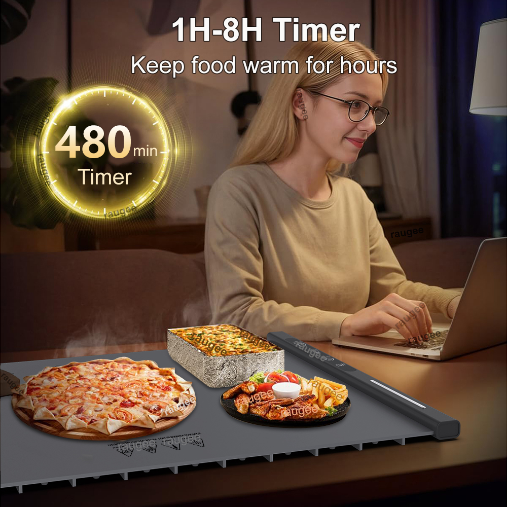 Elektrisk madvarmebakke hurtig konstant varmemåtte bærbar foldbar varm bakke med 8 temperaturindstillinger madvarmerplade