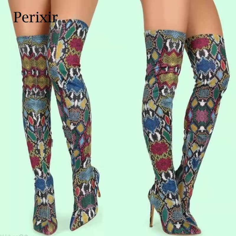Perixir Vrouwen Over De Knie Laarzen Sexy Dunne Hoge Snake Print Stretch Stoffen Laarzen Hoge Hak Slip Op Schoenen Wees teen Lange Boot