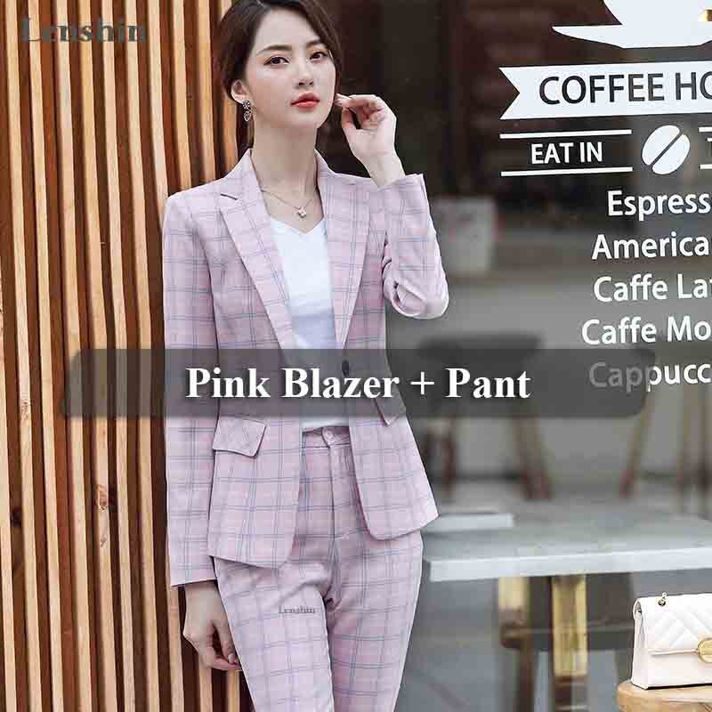 Lenshin 2 Piece Set Plaid Formal Pant Suit Blazer Office Lady Designs Women Soft Jacket and Ankle-Length Pant: 2 Pieces Pink Suit / XL