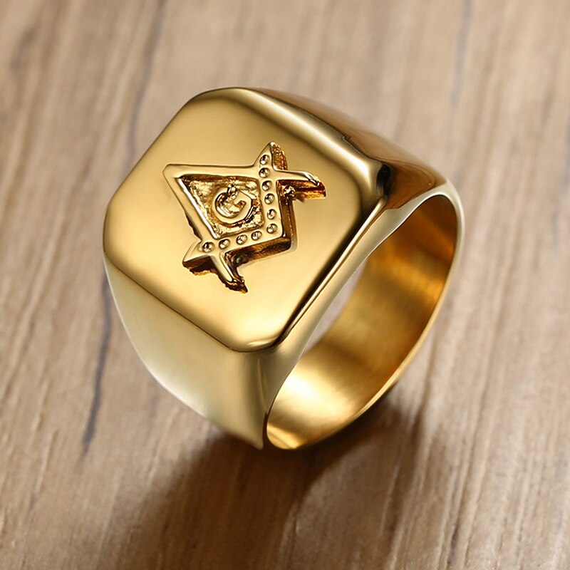 Male Gold Color Masonic Rings Stainless Steel Jewelry for Men Highly Polished Titanium Punk Rings for Brother