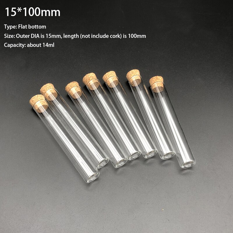 15x100mm Lab Clear Flat Bottom Glass Test Tubes With Cork Wooden Stoppers Laboratory Supplies 50pcs/Pack