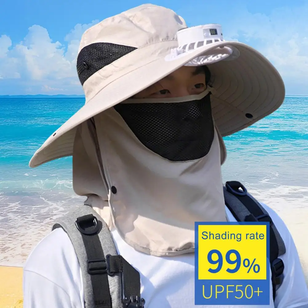 Sombrero con ventilador Solar con protector facial, solapa para el cuello, sombrero con protección UV, recargable por USB, para hombre, verano, pesca al aire libre, gorra de cubo de ala ancha