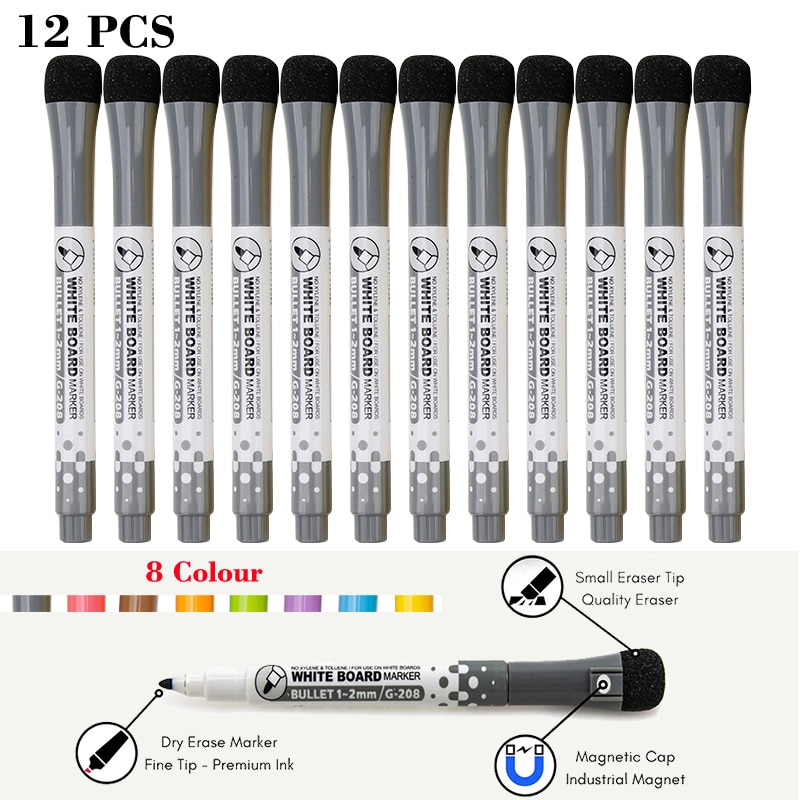 12 Pcs/lot Magnetic Dry Erase Whiteboard Markers Water 8 Colour Pen Black and White Office Supplies for Glass Ceramic Tile