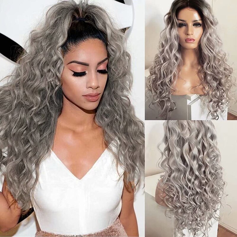 AIMEYA-peluca ondulada larga para mujeres negras, cabellera artificial con malla frontal, color gris degradado, resistente al calor, para disfraz de Cosplay: 22 pulgadas