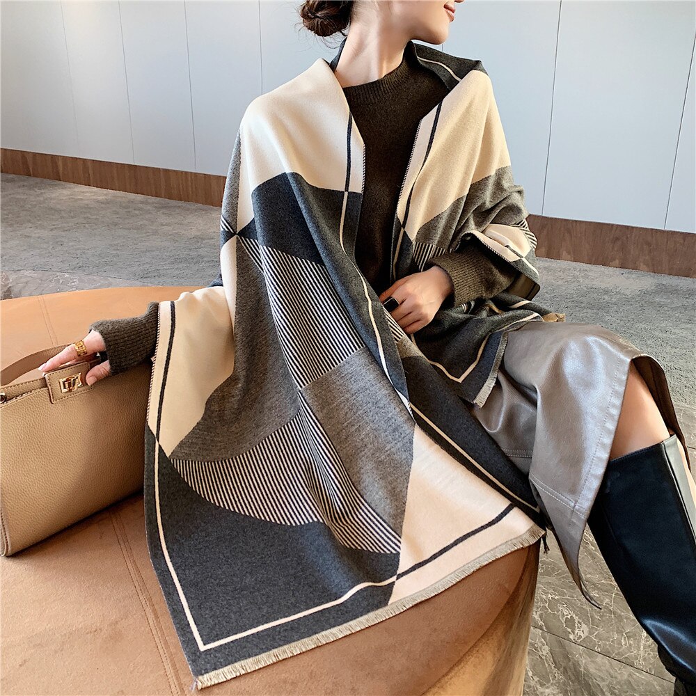Écharpe de luxe noire à carreaux en cachemire pour femme, épaisse, chaude, enveloppe, Pashmina, pour l&#39;hiver: W 09