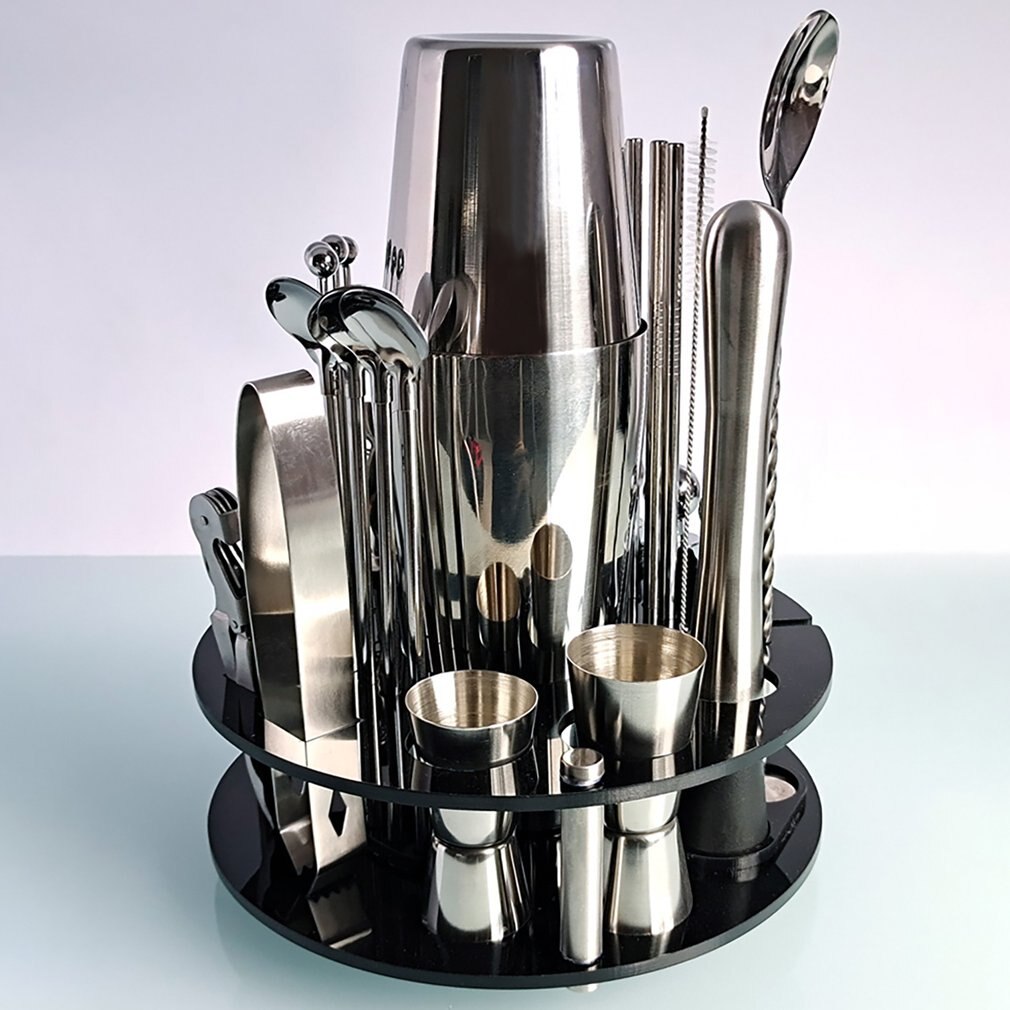 Stainless Steel Cocktail Shaker Mixer Bars Set Tools With Rotationl Stand Drink Bartender Browser Kit