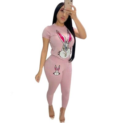 Outdoor sports cartoon print slim two-piece suit Short-sleeved round neck t-shirt ankle length pants casual women's clothing: Pink / XL