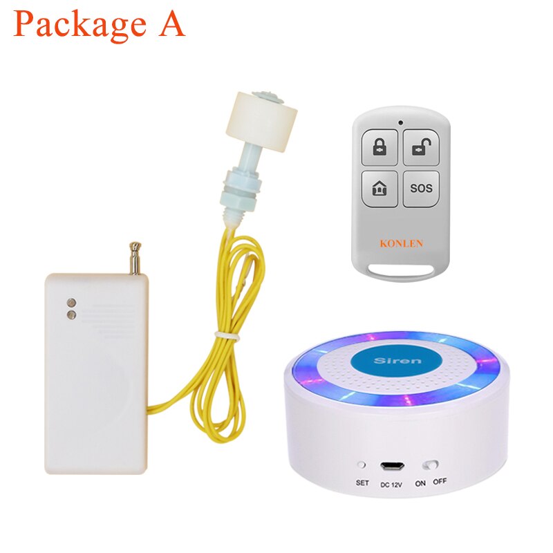 KONLEN Wireless Water Sensor Detector Siren Remote Control Bathroom Overflow Leakage Detection Strobe Siren Alarm System: Package 1
