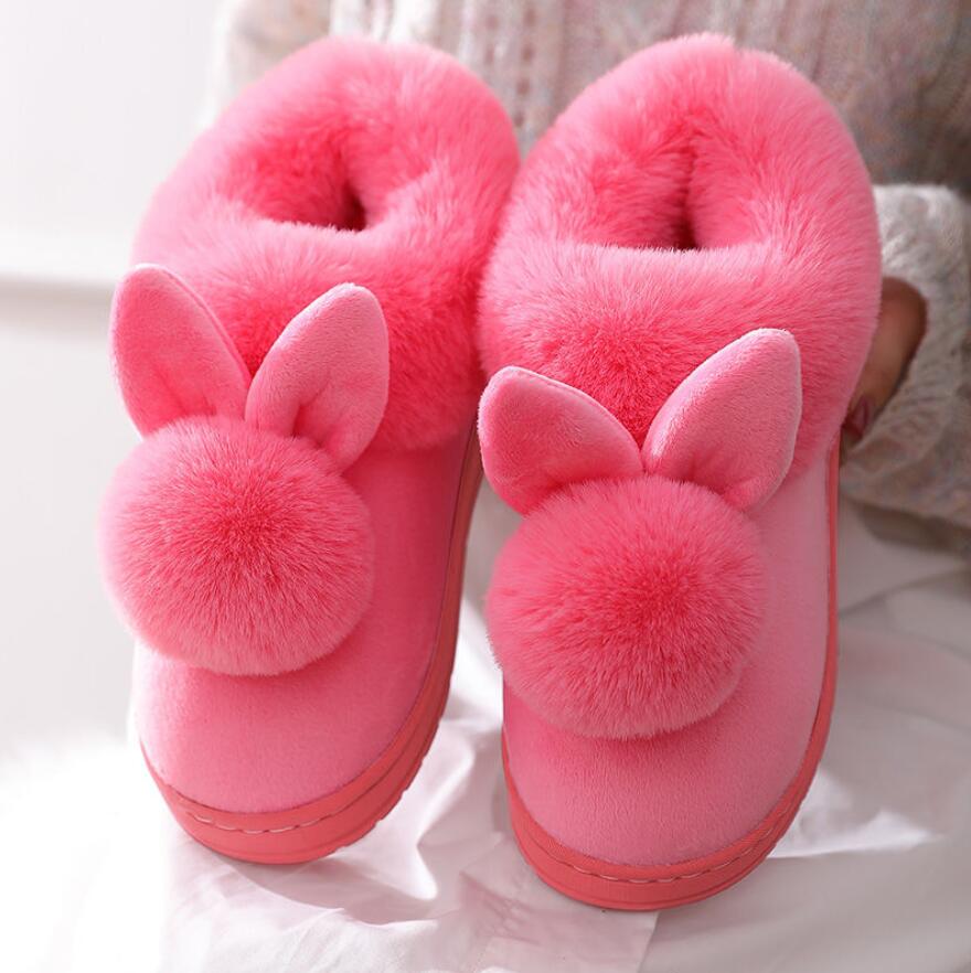Herfst Winter Katoen Slippers Bont Konijn Thuis Warme Dikke Bodem Indoor Katoen Schoenen Kat Slippers Dames Slippers Schattige Pluizige: Pink / 40-41