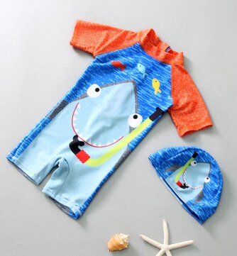 Décontracté garçon Dessin Animé Requin Imprimé Maillot de bain Une pièce Unique Dos À Capuche Protection UV Maillot de bain Maillots De Bain