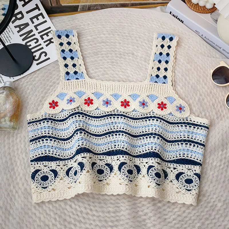 Hæklet tanktop med broderi, åben strik, firkantet, ærmeløs crop top til kvinder, sommer, fairycore, cottagecore, bedstemor vintage outfit