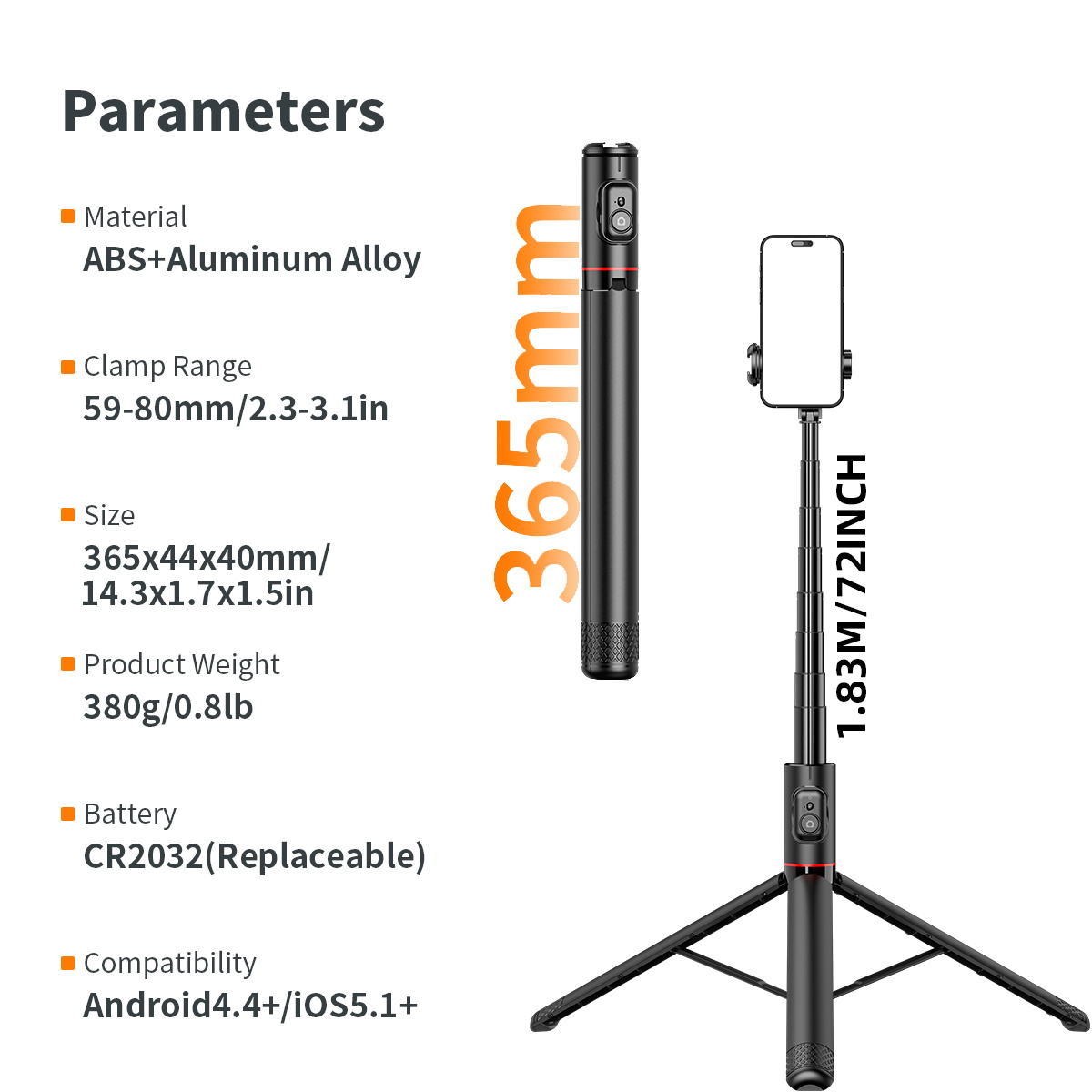 Selfie Stick Stativ - 1830mm Udtrækkelig - Trådløs Bluetooth Fjernbetjening - LED Lys - til iOS Android Smartphones