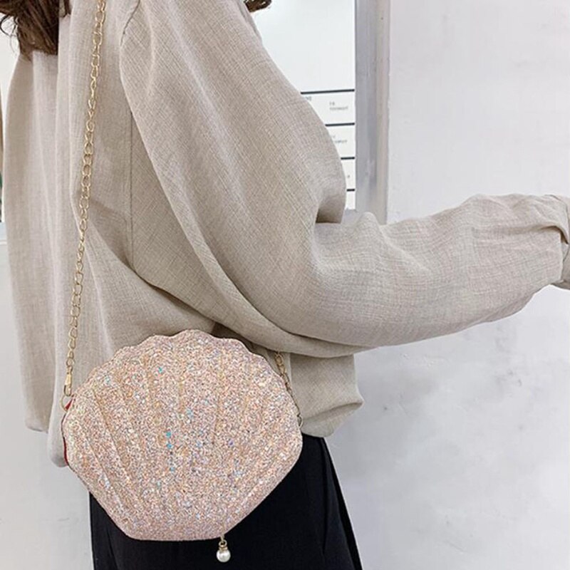 1 pc glinsterende, met pailletten versierde schelpvormige tassen voor dames, mini-schoudertassen, messengertassen, crossbodytassen, portemonnees en tasjes voor de zomer en het strand.