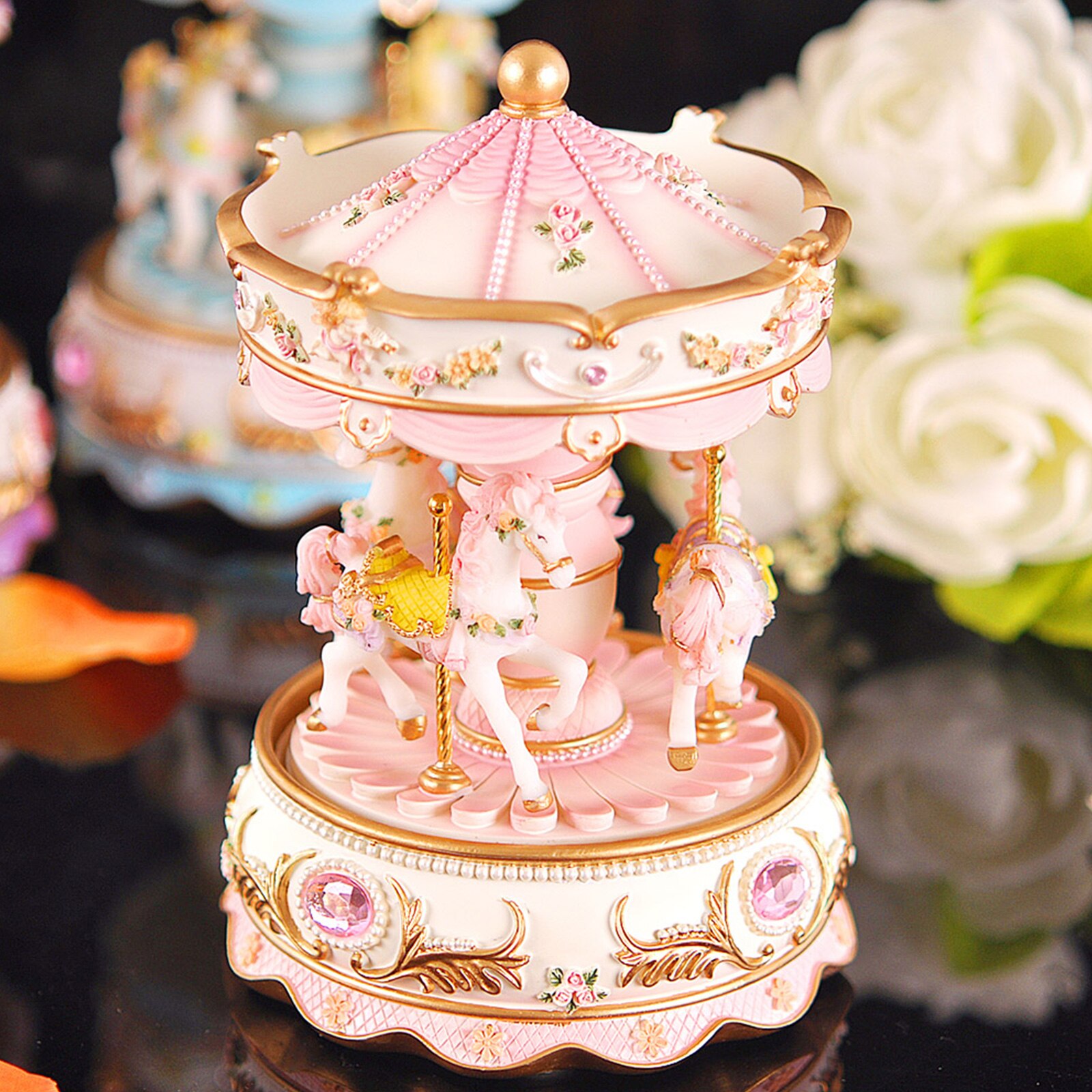 Colorful LED Merry-go-round Musical Box Toys Carousel Clockwork Music Box for Girlfriend Kids Children Christmas Festival: Pink