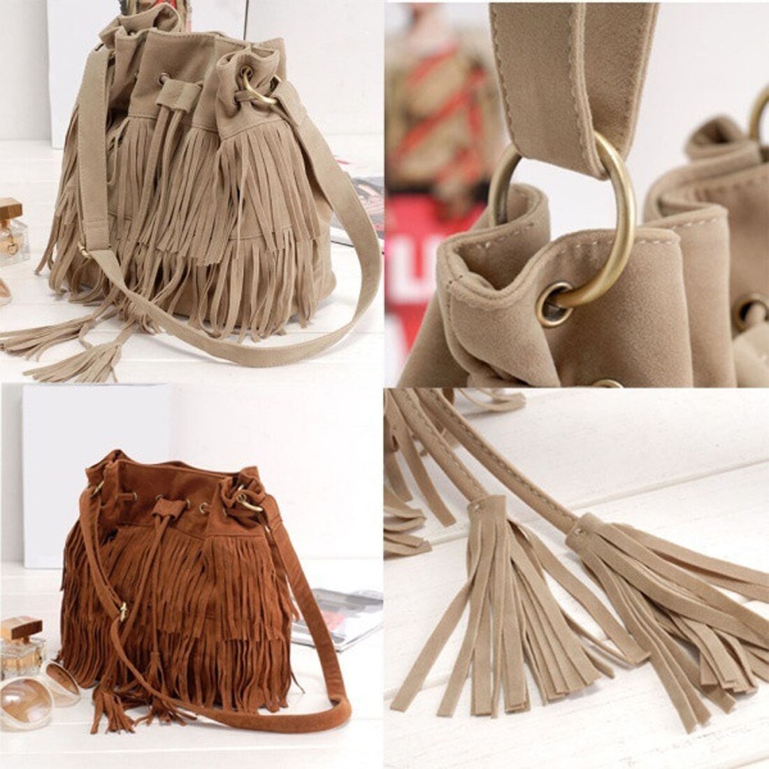 Vintage Women Tassel Bucket Bag Handbags Women Shoulder Bags Girls Drawstring Messenger Crossbody Bag