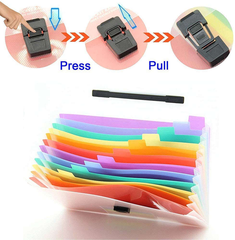 Plastic Expanding Accordion Folders, Letter Size Portable Document Holder, A4 File Organizer, 13 Pockets-Handle