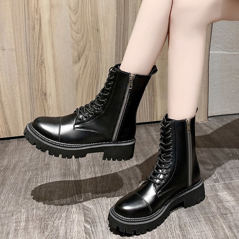 hiver élastique dentelle noir bottes bottes de Combat femmes moto chaussures plates-formes bottines femme talons hauts gothique chaussures