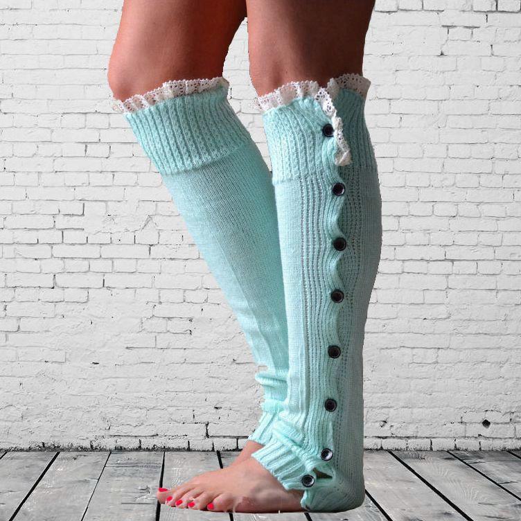Dentelle bouton bas jambe plus Ballet danse échauffement tricoté butin guêtres bottes manchettes Stockin chaussettes bottes couvre jambe Protection orthèse: Lake Blue