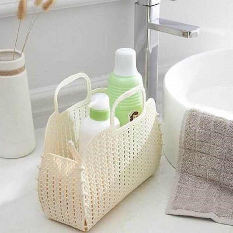 Plastic Bath Baskets Foldable Hollow Wicker Rattan Cosmetic Storage Bucket Bathroom Livingroom Hanging Finishing Drain Organizer