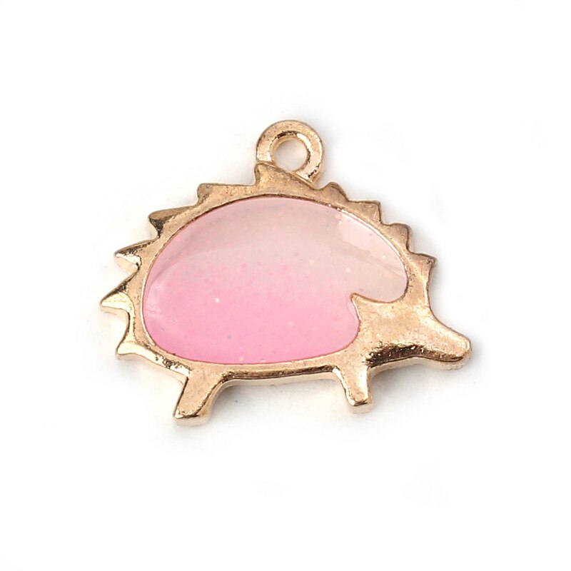 Doreen Box colgantes de aleación a base de Zinc Kawaii Hedgehog Color dorado púrpura esmalte Glitter colgantes 21mm( 7/8 ") x 17mm( 5/8"), 10 Uds: Pink