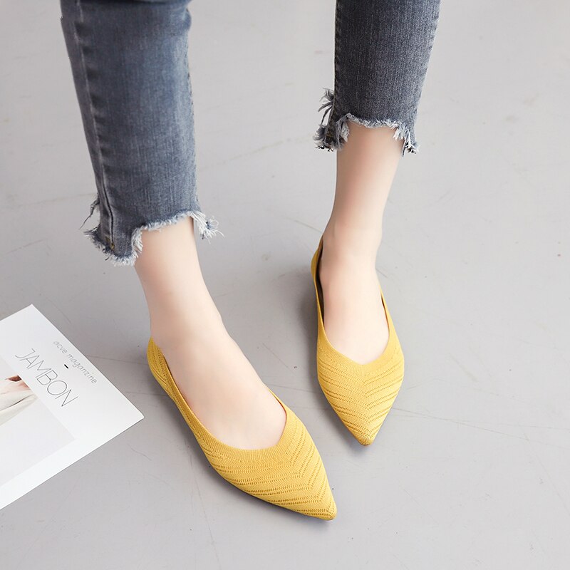 Chaussures de Ballet à bout pointu pour femmes, mocassins souples et confortables à enfiler, en tricot, décontractées