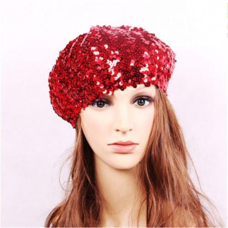 Multicolor Sequin Hat Berets Women Girls Shinny sequined Beret Ladies School girl Preppy style casual hats caps: Red