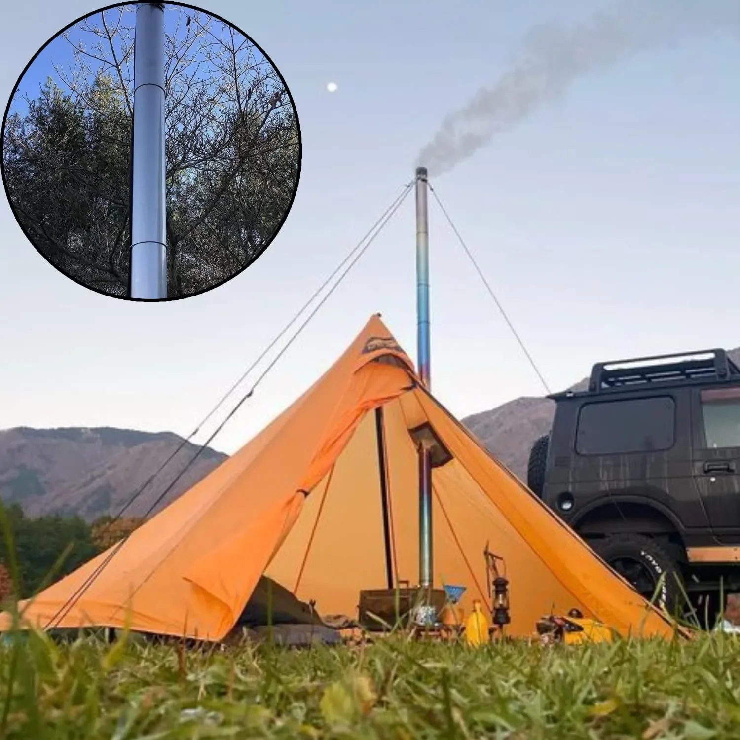 Portable 2.5m Titanium Chimney + Stainless Steel Chimney Cap Kit Tent Stove Accessories Outdoor Camping Wood Stove DIY Tube